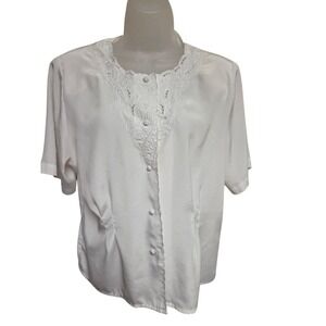 SBM‎ White Blouse Short Sleeve Lace Detail Button Up Top Size 12